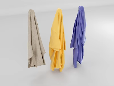 Three Different Colored Clothes Hanging in Gray Yellow Blue on White Background 3d model