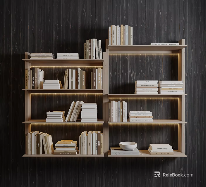 Modern Wooden Bookshelf With Multiple Shelves Filled With Books And Decorative Items 3d model 