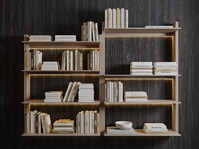 Modern Wooden Bookshelf With Multiple Shelves Filled With Books And Decorative Items 3d model