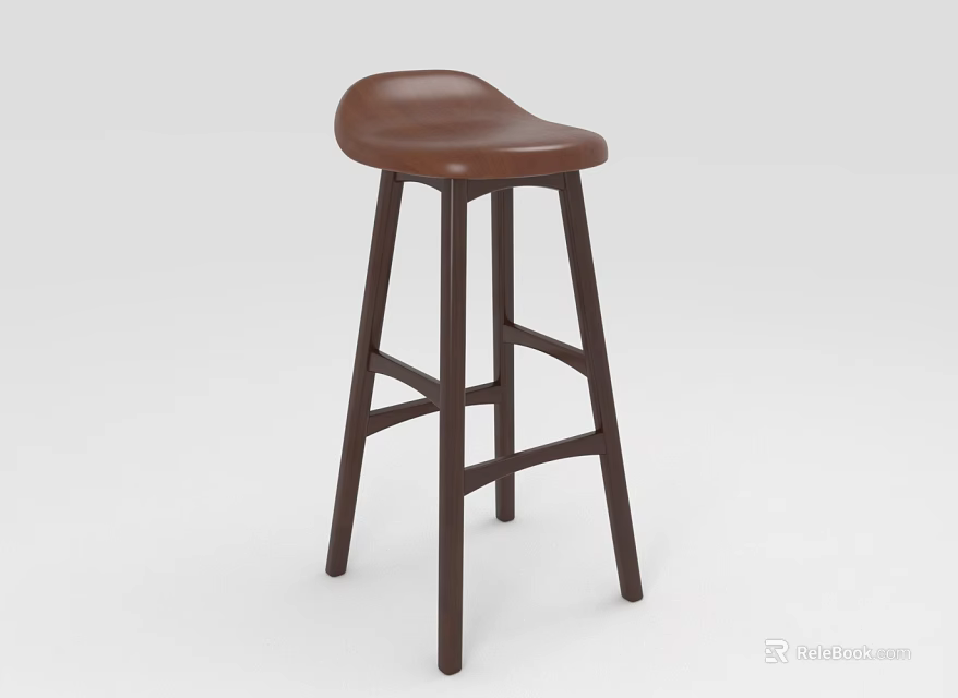 Modern Bar Stool With Brown Leather Seat And Dark Wooden Legs Design 3d model 
