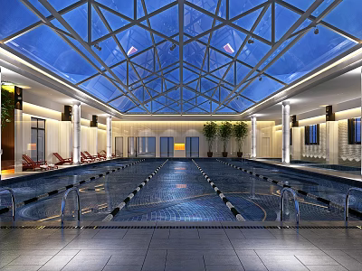 Indoor Swimming Pool with Glass Roof Loungers Modern Lighting and Green Plants 3d model