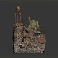 Detailed Miniature Scene Model With Rocky Terrain Lighthouse Boat Palm Trees And Wooden Structures