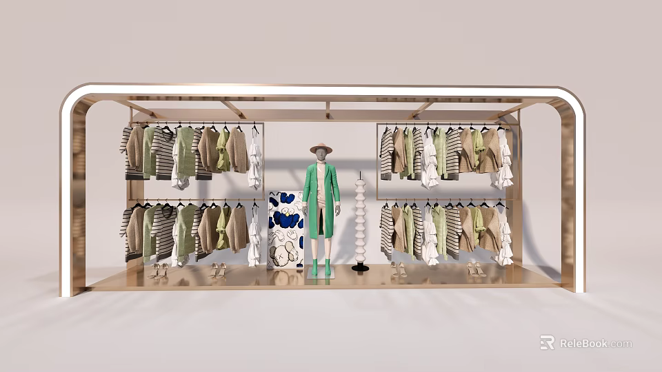 Fashion Store Window Display Featuring Mannequin in Green Coat Hanging Pastel Apparel and Decor 3d model 
