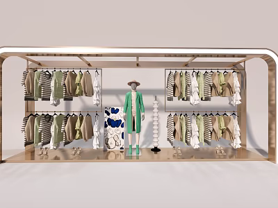 Fashion Store Window Display Featuring Mannequin in Green Coat Hanging Pastel Apparel and Decor 3d model