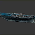 Vintage Old Boat With Blue Green Rusty Hull And Visible Interior Windows