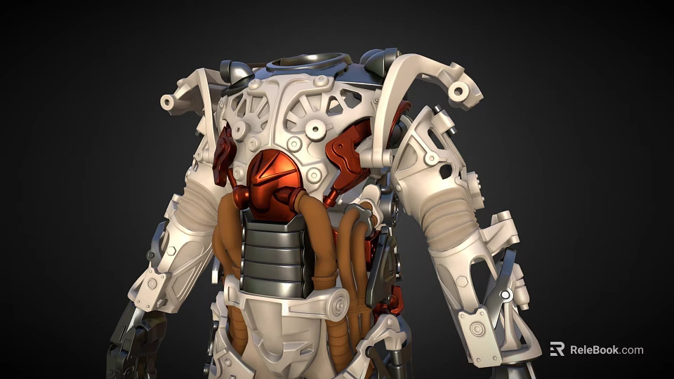 Industrial Equipment Mechanical Exoskeleton Design With Gears Pipes And Metal Components Red And Silver Details 3d model 