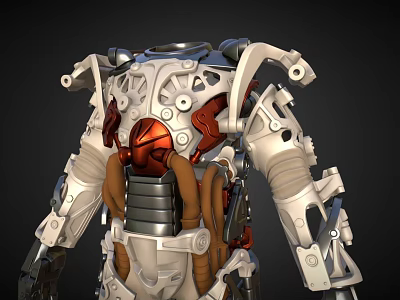 Industrial Equipment Mechanical Exoskeleton Design With Gears Pipes And Metal Components Red And Silver Details 3d model