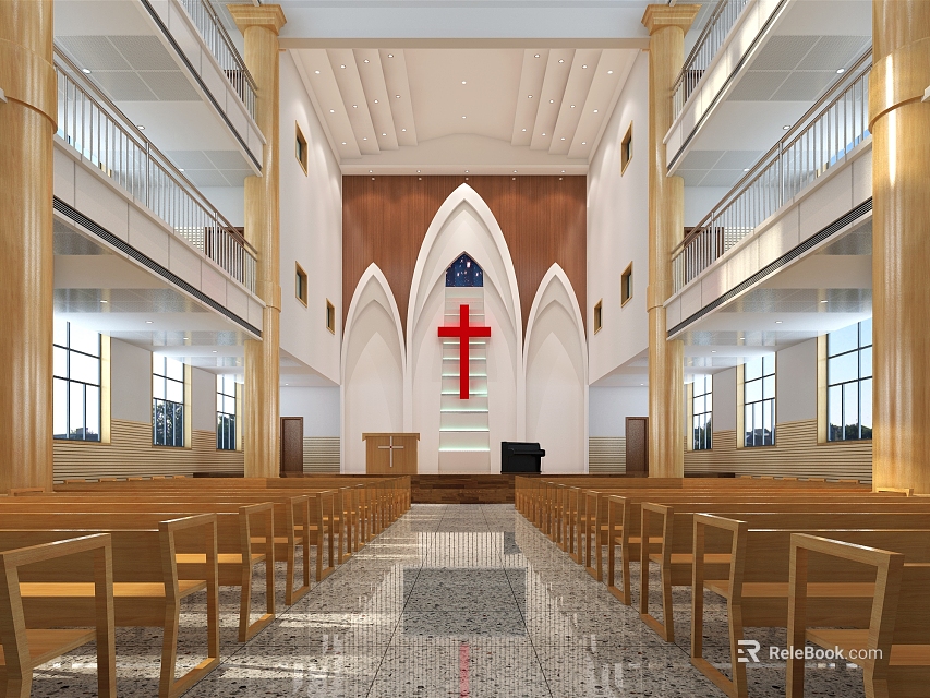 Christian Worship Church Interior With Red Cross Wooden Pews And Altar 3d model 