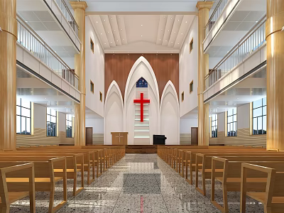 Christian Worship Church Interior With Red Cross Wooden Pews And Altar 3d model