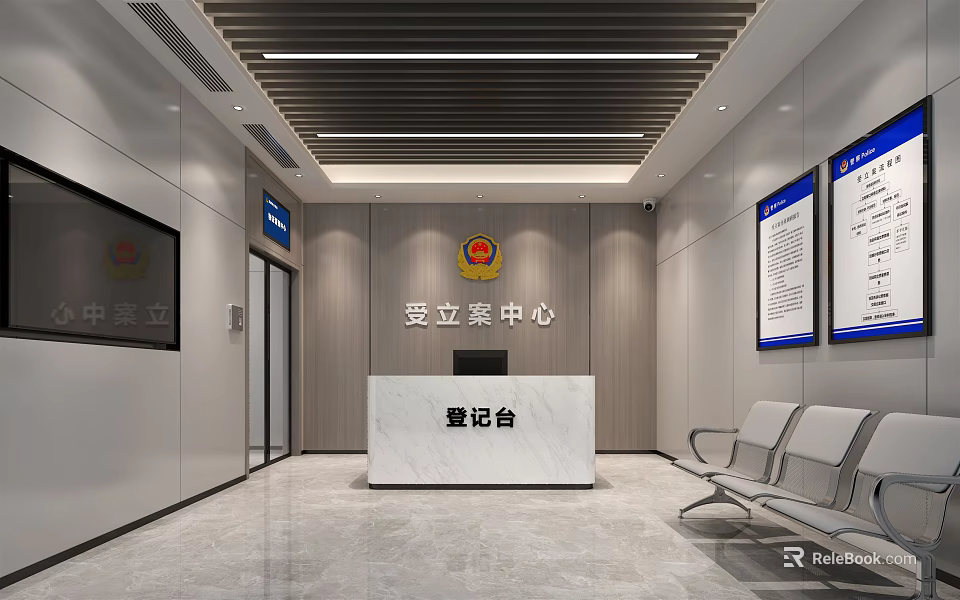 Modern Administrative Service Hall Featuring Registration Desk Waiting Chairs And Information Boards 3d model 