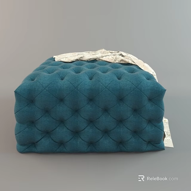 Elegant Blue Diamond Tufted Ottoman with White Throw Cloth on Top 3d model 