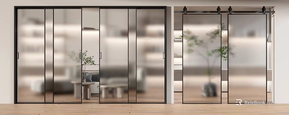 Modern Interior Sliding Doors With Frosted Glass Black Frame And Living Room Plants 3d model 