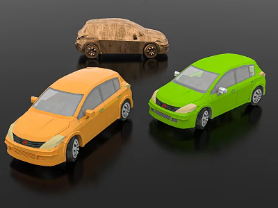 Three Colorful Small Car Models Orange Green Wooden Brown Hatchback Style 3d model