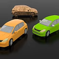 Three Colorful Small Car Models Orange Green Wooden Brown Hatchback Style