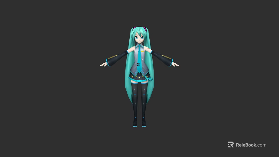 Game Movie Character In Anime Style With Blue Long Hair Black Blue Outfit Standing 3d model 