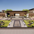 Japanese Style Garden Landscape With Green Trees Lawn Gravel Paths And Traditional Building