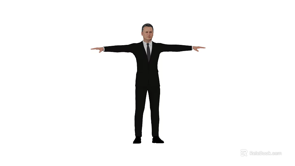 Man in black suit with tie standing arms stretched out on white background 3d model 