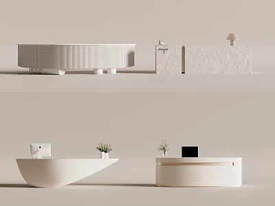 Modern Reception Desk With Curved White Surface And Small Green Plant Decor 3d model