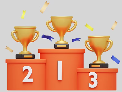 Golden Trophies on Orange Podium with Numbers 1 2 3 and Colorful Confetti 3d model