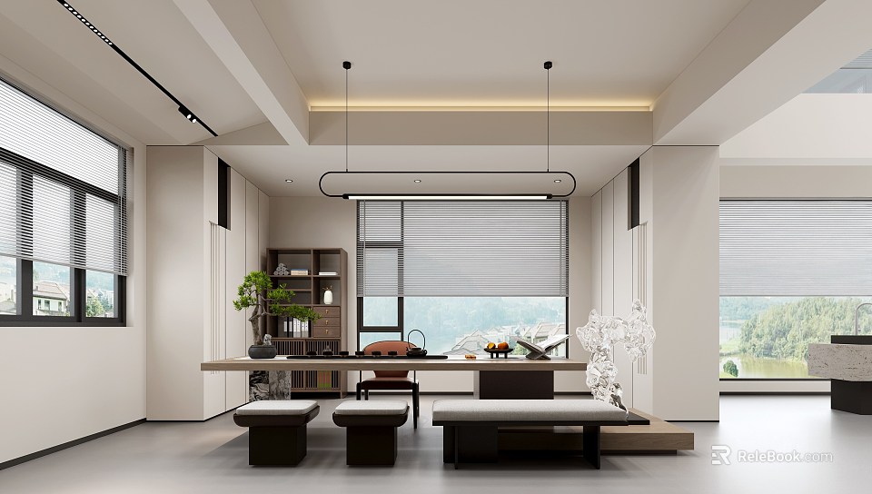 Modern Tea Room Interior With Long Table Stools Green Plants And Scenic Windows 3d model 