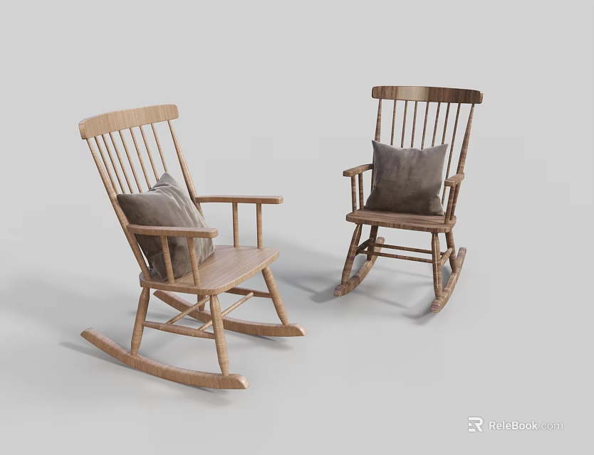 Natural Wooden Rocking Chairs with Slatted Back Armrests and Gray Cushions for Leisure 3d model 