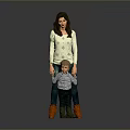 Woman Wearing White Sweater And Blue Pants Holding Little Boys Hands On Gray Background