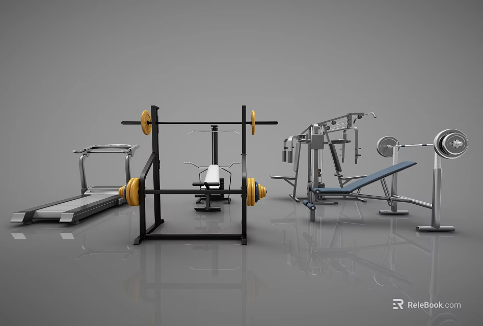 Modern Home Gym Sports Equipment Including Barbell Treadmill Bench Press And Racks 3d model 