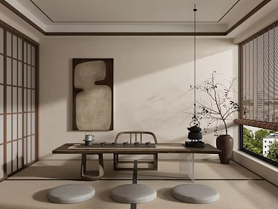 Japanese Style Tea Room Interior Featuring Wooden Tea Table Tatami Mats And Sliding Doors 3d model