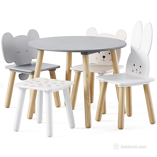 Cute Kids Round Table Set with Animal Shaped Chairs and Polka Dot Stool 3d model 