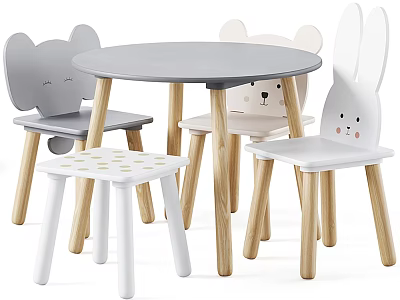 Cute Kids Round Table Set with Animal Shaped Chairs and Polka Dot Stool 3d model