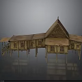 Traditional Wooden Building With Stilt Structure Pitched Roof Carved Details And Multi Gabled Design