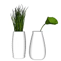 Minimalist White Ribbed And Smooth Vases With Green Grass Like Plants And Single Leaf