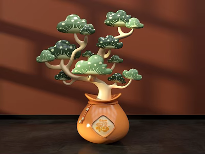 Orange Fu Vase Green Pine Decor Photo Check In Spot With Brown Wall Shadow 3d model