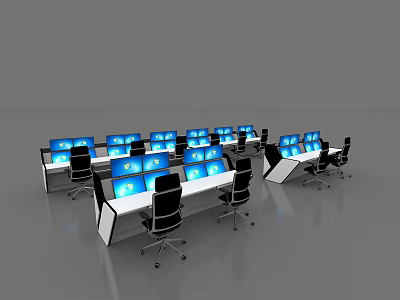 Modern Office Desks With Multiple Blue Screens And Black Office Chairs 3d model