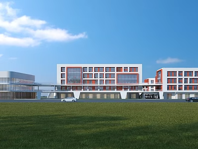 Modern School Building With White And Red Facade Multiple Floors Large Windows Green Lawn Front 3d model