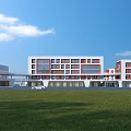 Modern School Building With White And Red Facade Multiple Floors Large Windows Green Lawn Front
