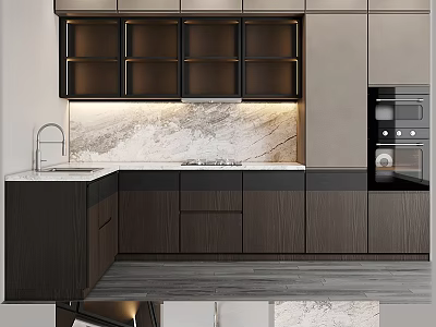 Modern Kitchen With Sleek Dark Cabinets Marble Countertop Sink And Oven 3d model
