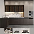 Modern Kitchen With Sleek Dark Cabinets Marble Countertop Sink And Oven