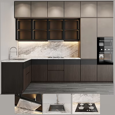 Modern Kitchen With Sleek Dark Cabinets Marble Countertop Sink And Oven 3d model