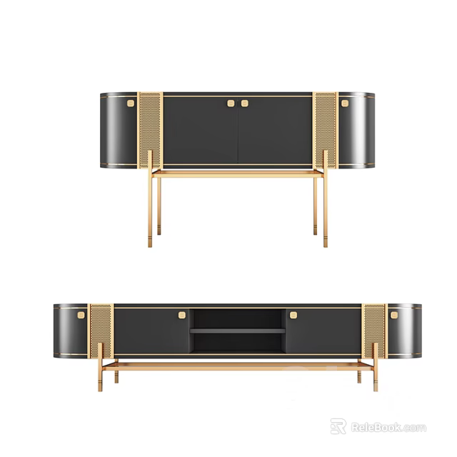 Modern Black And Gold TV Stand With Drawers Doors And Stylish Gold Legs 3d model 