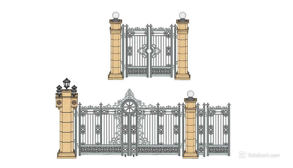 Ornate Iron Gates with Beige Pillars and Decorative Top Finial Designs 3d model 