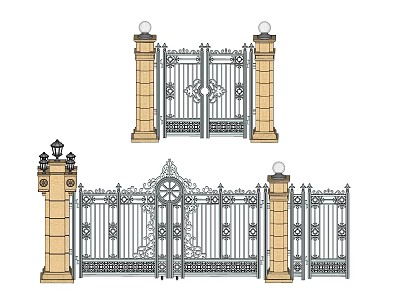 Ornate Iron Gates with Beige Pillars and Decorative Top Finial Designs 3d model
