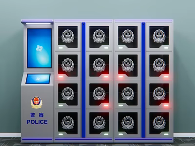 Police Storage Lockers With Digital Screen And Badge Emblems Indicator Lights 3d model
