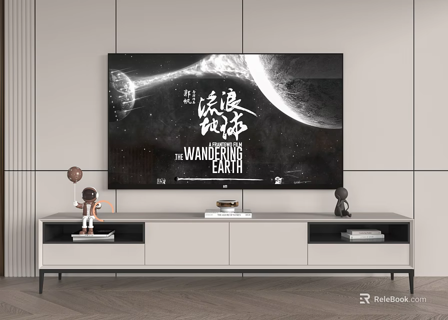 Modern White TV Stand With Drawers Television And Decorative Figurines On Shelf 3d model 