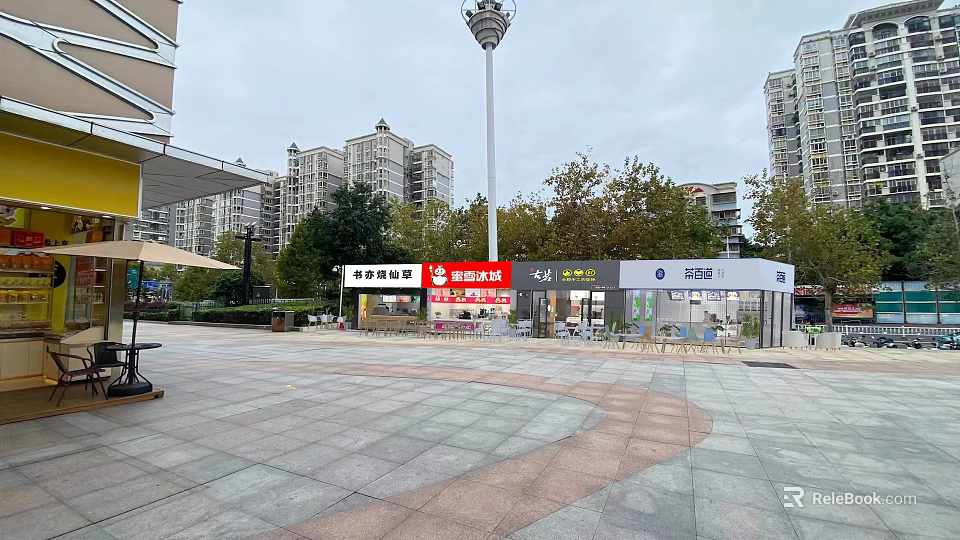 Vibrant Commercial Street With Retail Shops Plaza And High Rise Buildings 3d model 