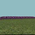 Vibrant Purple and White Flowers in a Row on Green Grass with Light Blue Background
