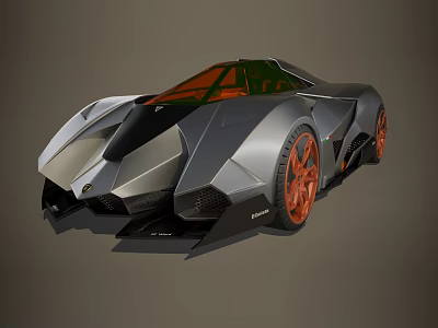 Futuristic Sports Car Exterior Design With Gray Body Orange Wheels And Green Roof 3d model
