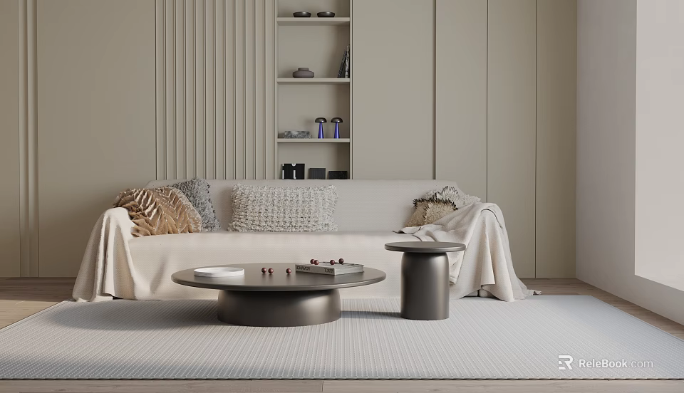 Modern Minimalist Sofa Coffee Table Set With Decorative Pillows Side Table And Shelf Decor Items 3d model