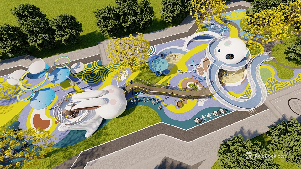 Vibrant Children's Play Area With Colorful Ground Slides Climbing Structures White Domes And Trees 3d model 