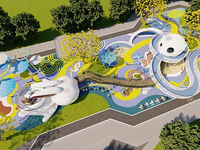 Vibrant Children's Play Area With Colorful Ground Slides Climbing Structures White Domes And Trees 3d model